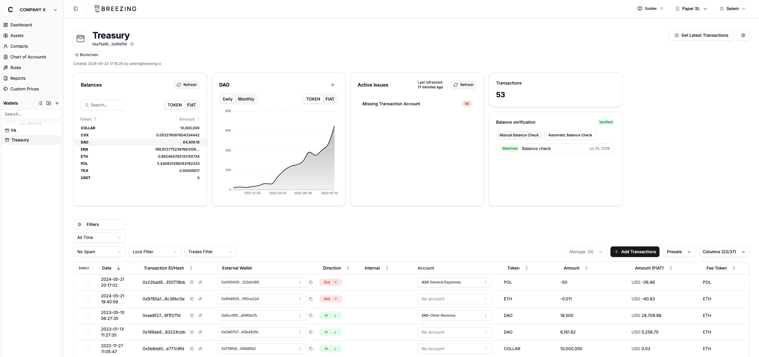 A Breezing wallet: token balances, portfolio value, open issues, verified balance check, and the transaction ledger with each row mapped to a chart of accounts code